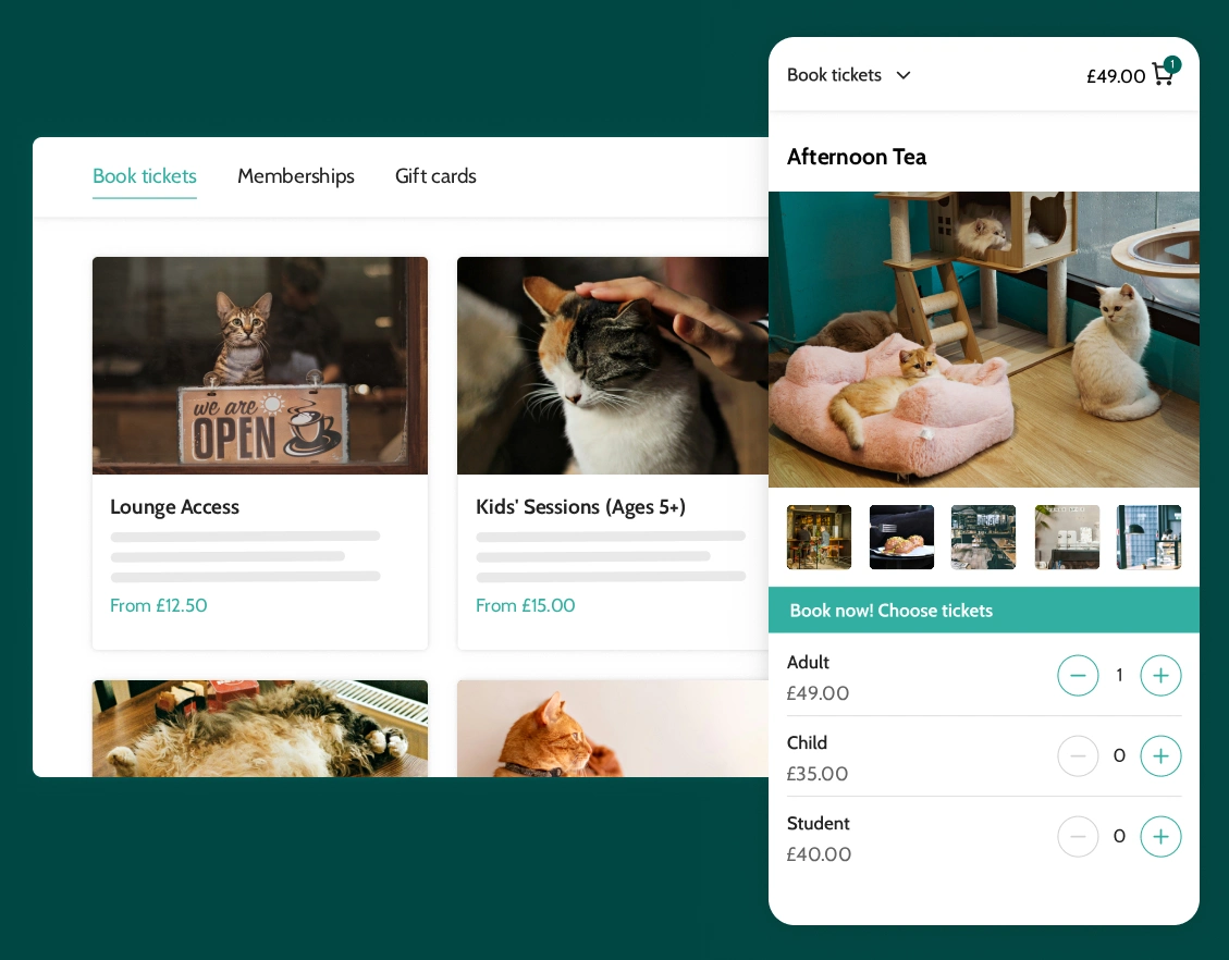 Animal cafe booking software showing lounge access and afternoon tea ticket types